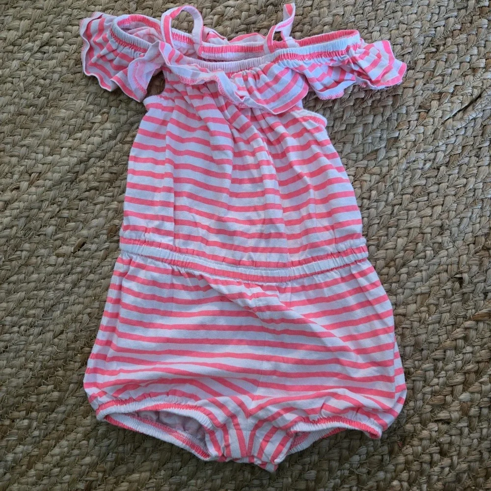 OshKosh B'Gosh Chambray Romper and Pink Shoulder Striped Romper‎ Sz 24m